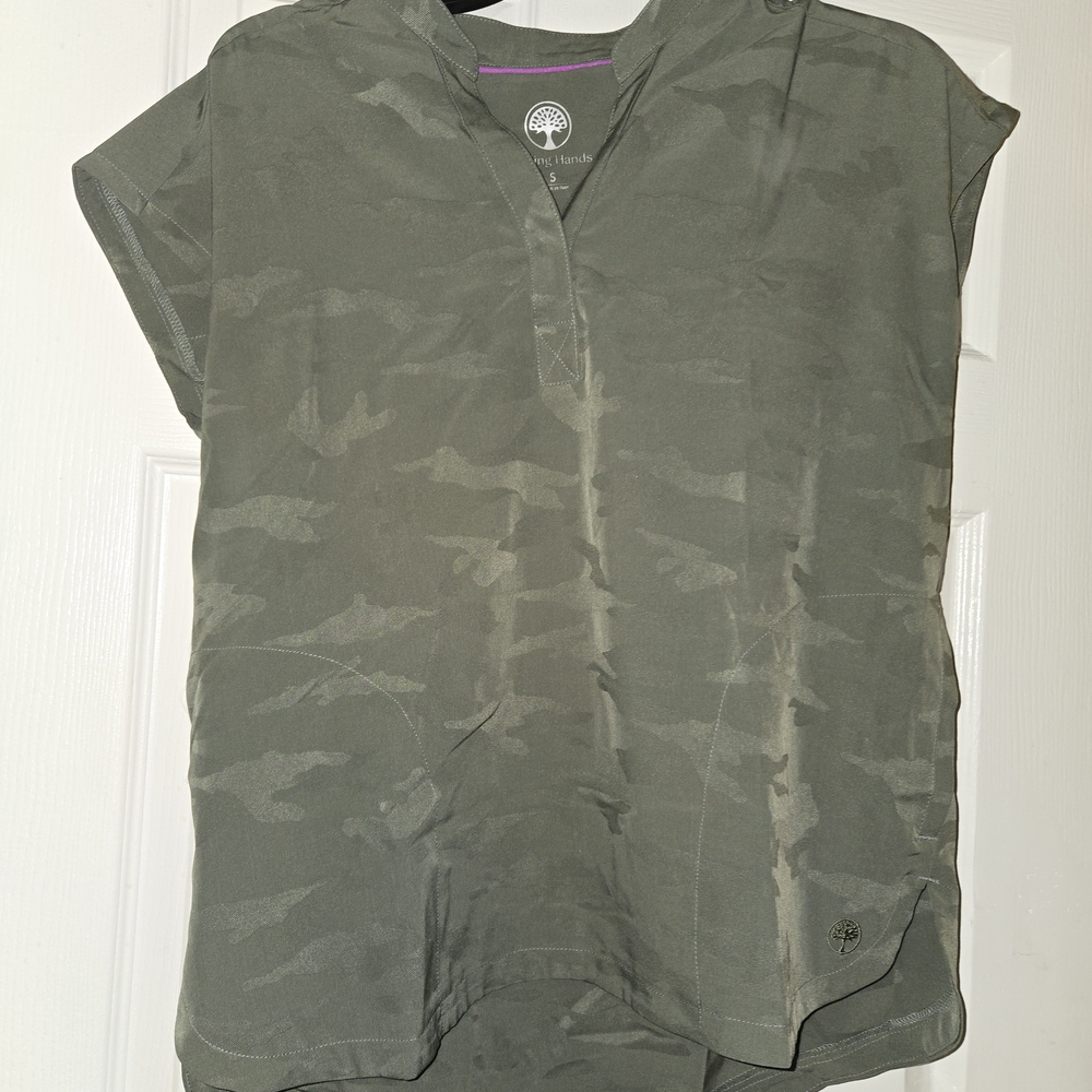 Women's Healing Hands Oversized Camo Olive Scrub Top